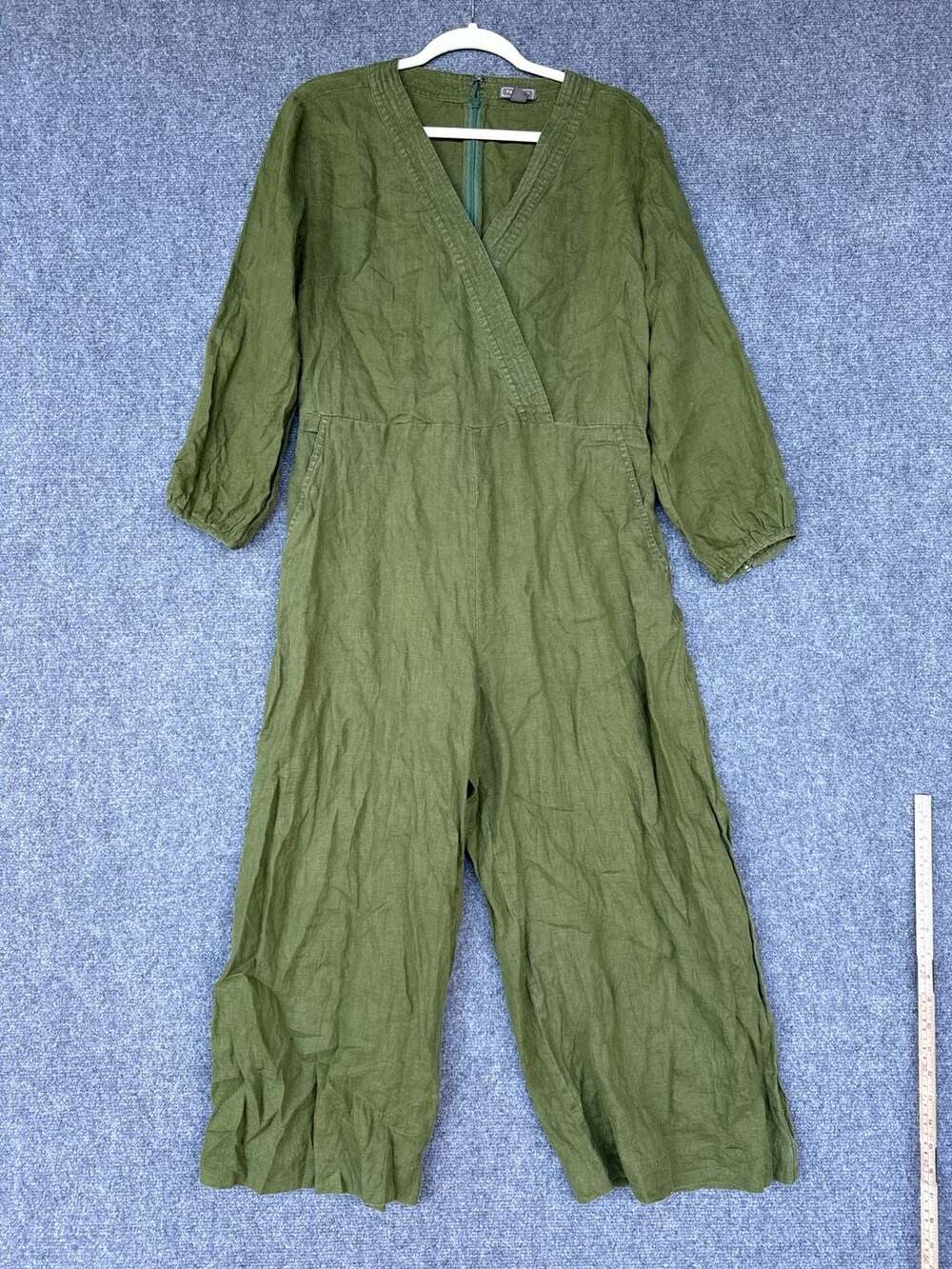 J. Crew Point Sur Olive Green Faux-Wrap 100% Linen Wide Leg Jumpsuit Size 10